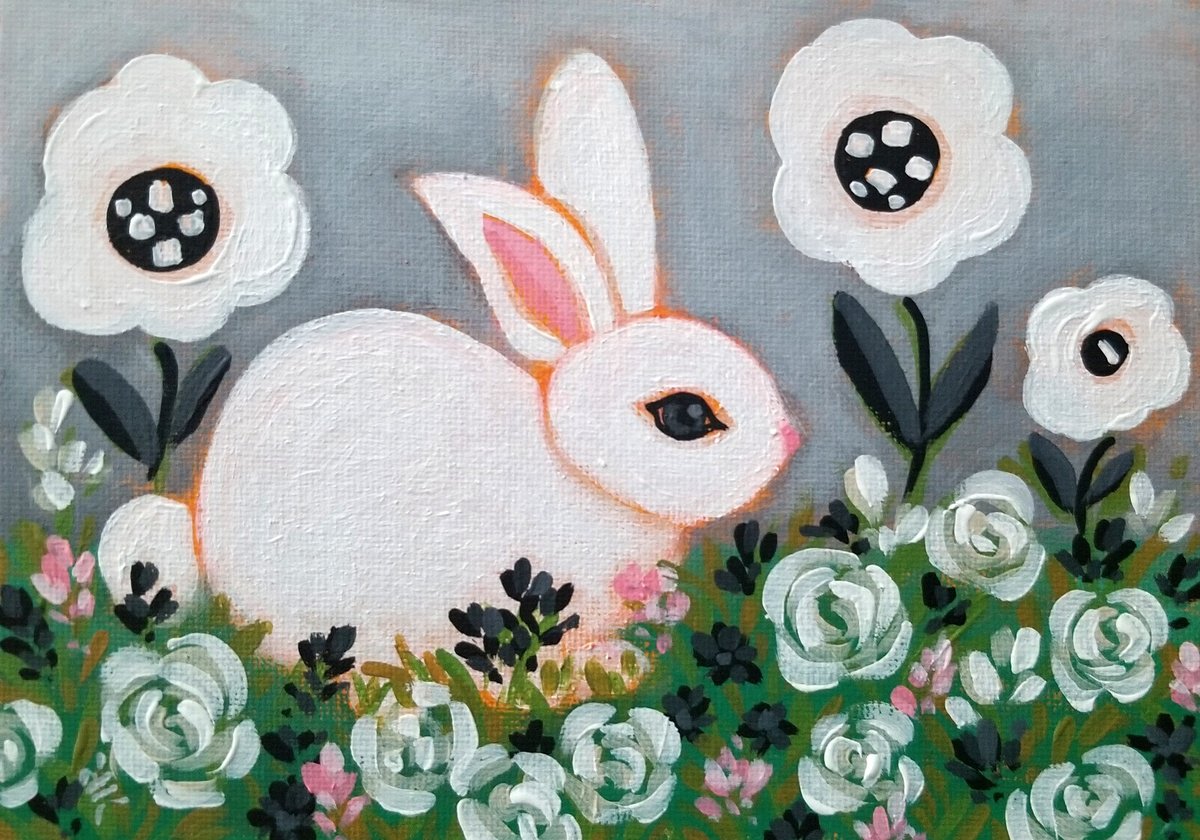 White Bunny Rabbit in a Dream of Flowers Acrylic painting by Karen