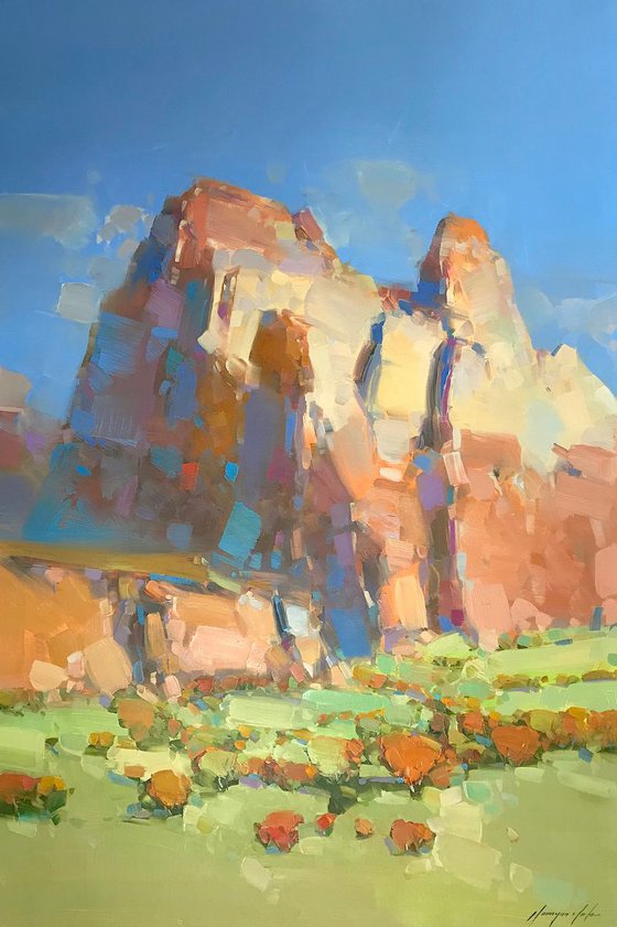 Cliff Mountain, Landscape oil painting, Handmade artwork