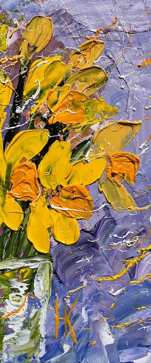 Daffodil Painting Floral Original Art Flower Oil Impasto Artwork Small Wall Art 6 by 8" by Halyna Kirichenko by Halyna Kirichenko