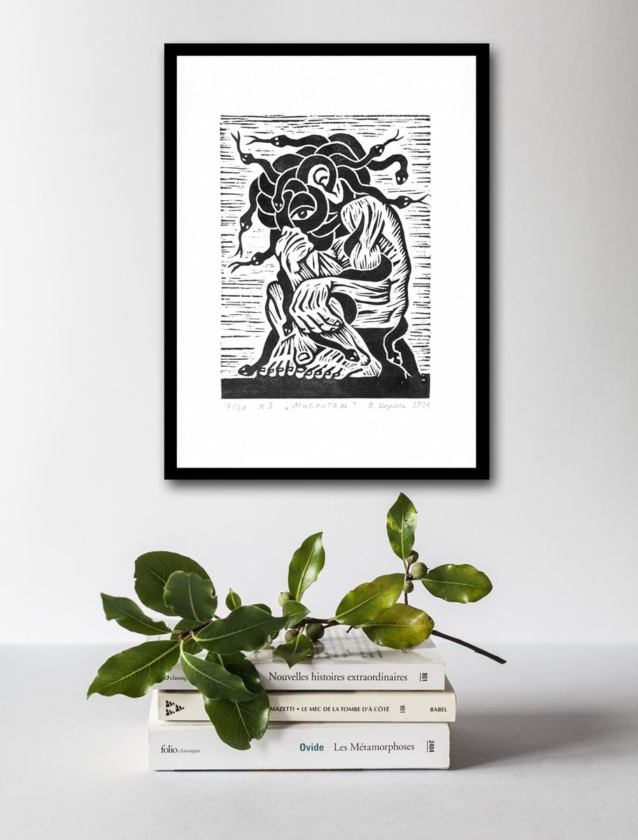 Surrealistic Portrait Linocut By Oleksandr Korol, 8 X 12", Thinker, Original Artwork