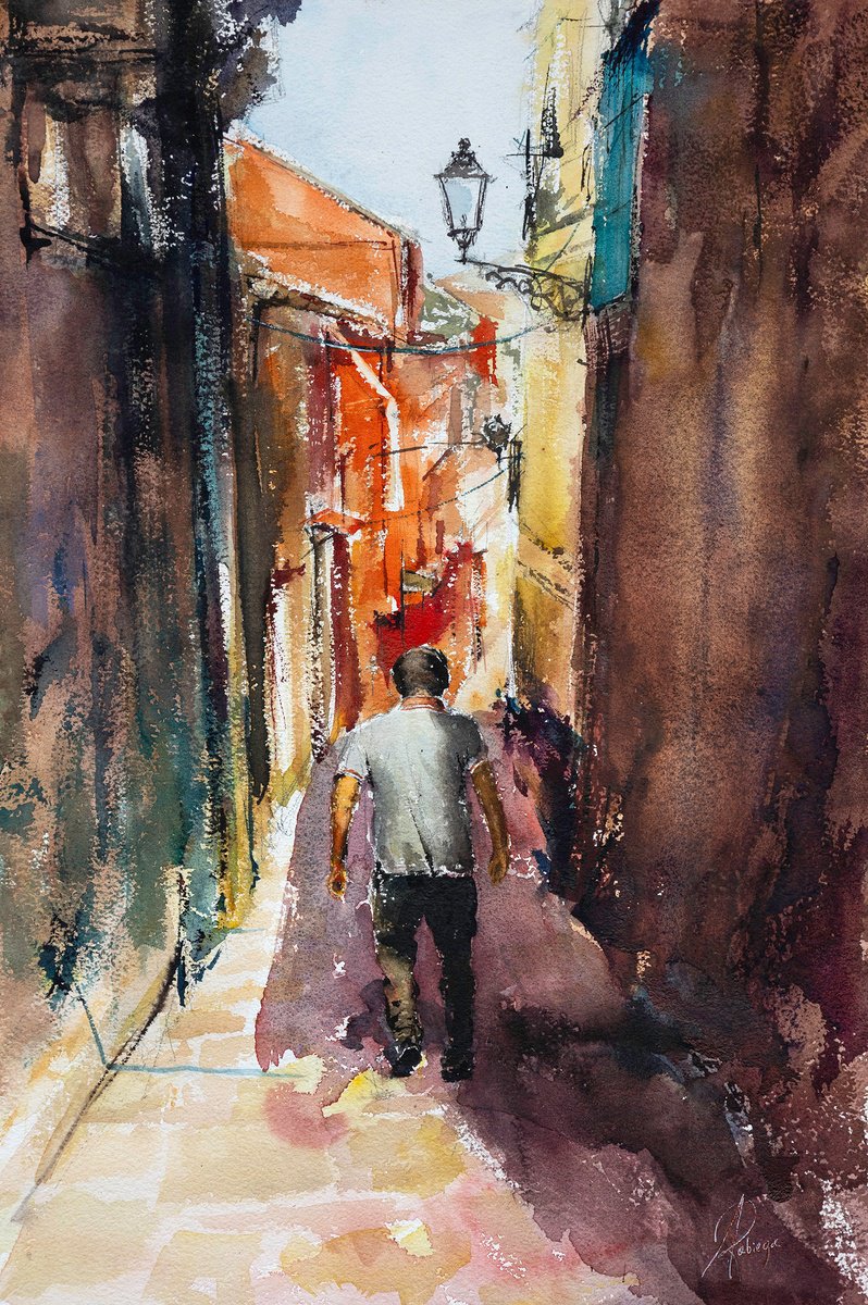 Cityscapes Watercolour By Andrzej Rabiega, 15 X 22, Calabria Pizzo Down The Stairs, Original Artwork