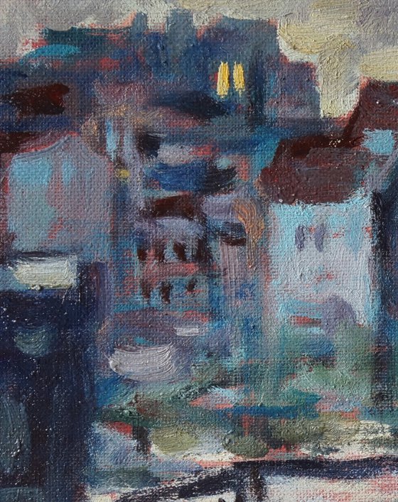 Original Oil Painting Wall Art Signed unframed Hand Made Jixiang Dong Canvas 25cm × 20cm Cityscape Evening in Amsterdam House Small Impressionism Impasto