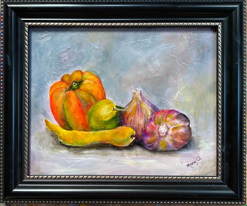 Garlics Red Pepper Green Peppers Original Oil Painting 8x10 gorgeous Black and Silver framed by Mary Gullette