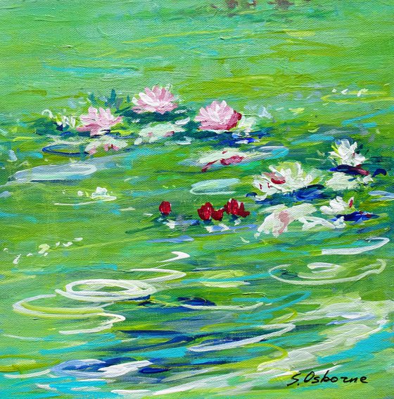 Water Lily Pond Small Floral Painting. Green Painting on Canvas. Modern Impressionism Art