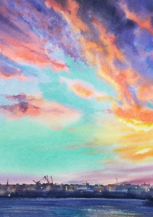 Sunset on the Shipyard by Olga Beliaeva Watercolour