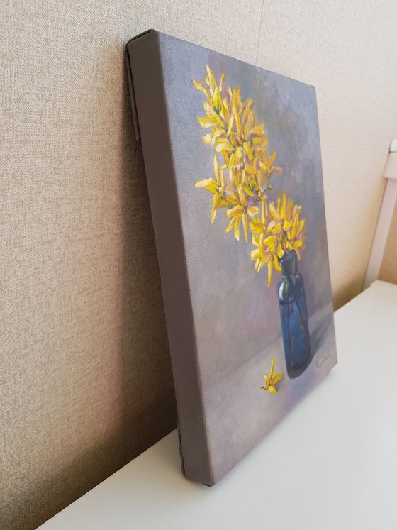 Forsythia in the blue bottle original oil painting