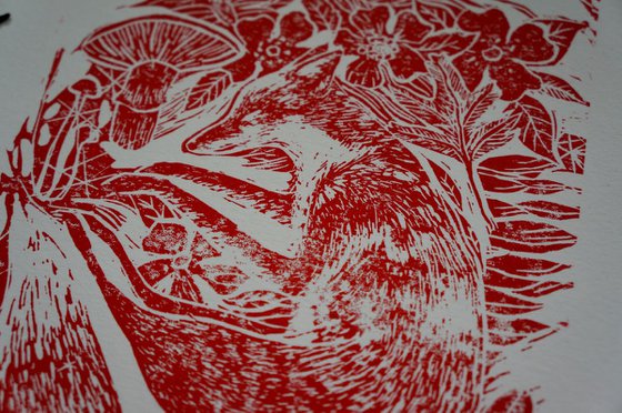 Late Summer Fruits Fox Linocut Print