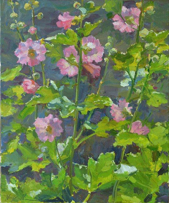 Summer Light and Hollyhocks