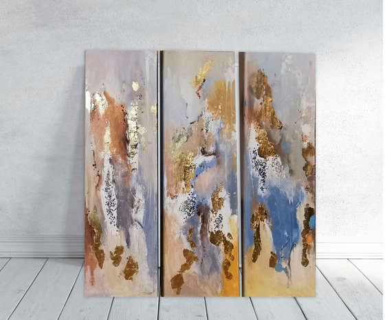 Set paintings, 3 piece wall art, Gold & Silver Leaf Painting