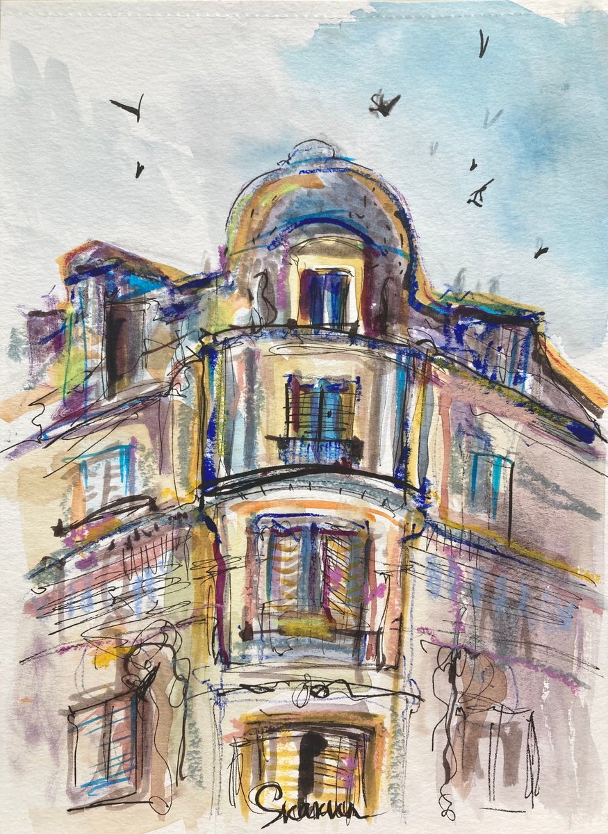 Expressive Cityscapes Watercolour By Mari Skakun, 8 X 11", Parisian Style, Original Artwork