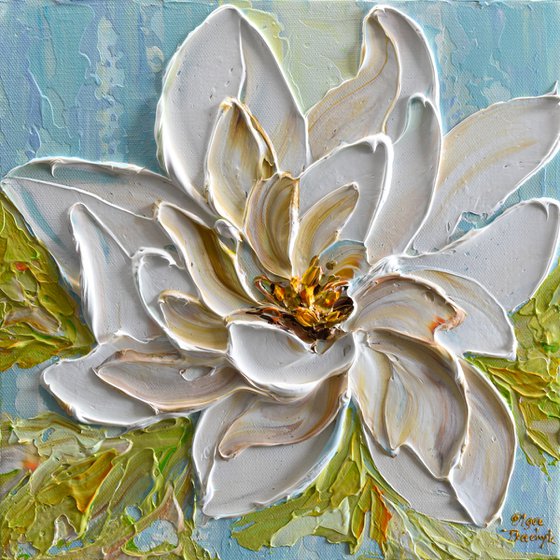 Magnolia - White Flower Palette Knife Painting, Impasto Floral Art, Textured Spring Flowers