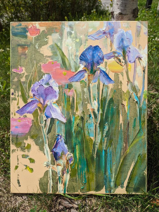 Irises and sun rays .  Original oil painting by Helen Shukina