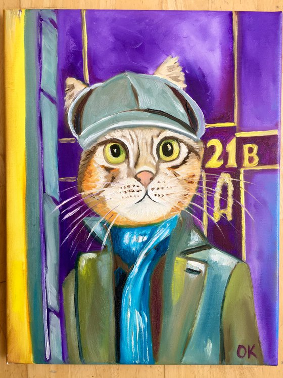 Troy The  Cat- Sherlock Holmes  Baker  Street 221 B   oil painting for cat lovers.