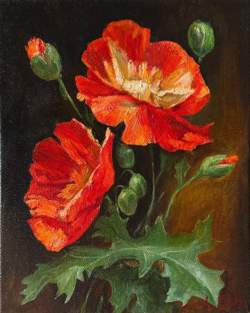 Impressionistic Botanical Oil Painting By Daria Yablon-Soloviova, 9 X 12, Poppies: Flame I ( Left Panel), Original Artwork