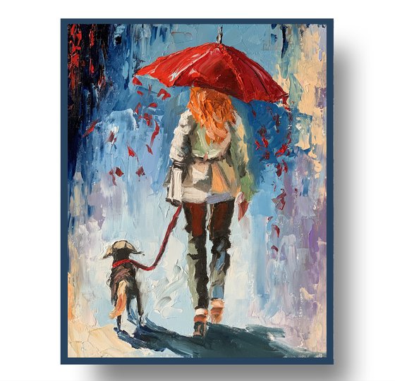 Woman with umbrella and dog.