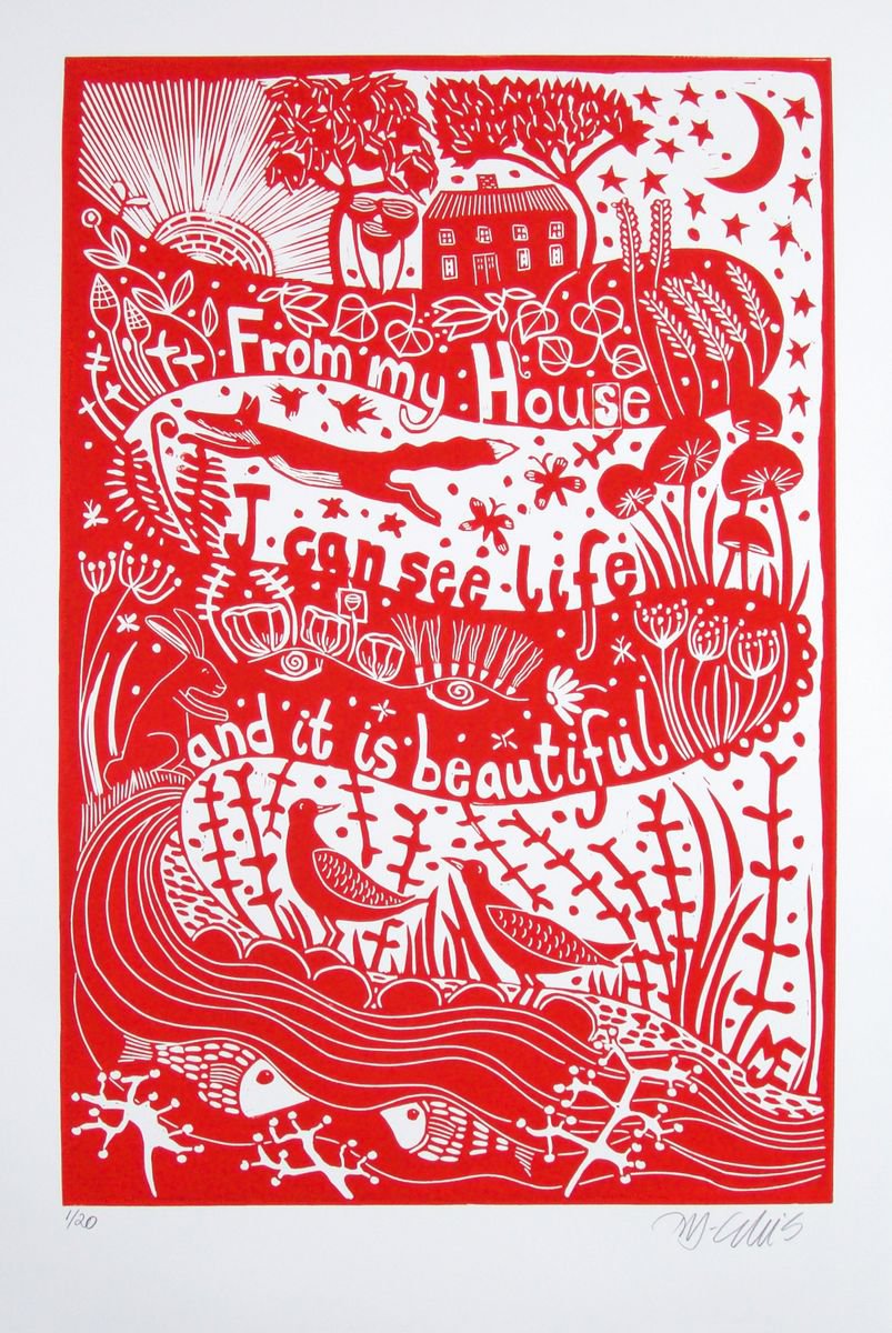 Life is beautiful, XL red and white linocut by Mariann Johansen-Ellis