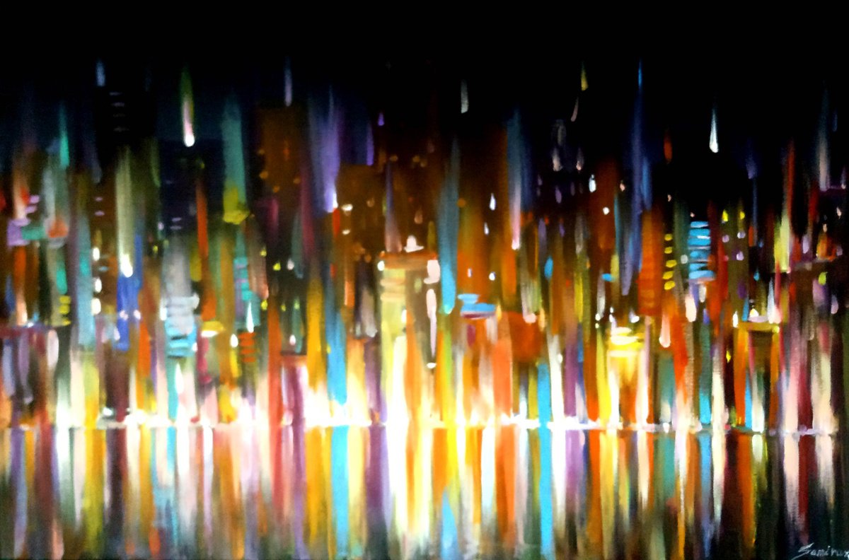 Abstract Acrylic Painting By Samiran Sarkar, 25 X 17", Magic Of Night City Light, Original Artwork