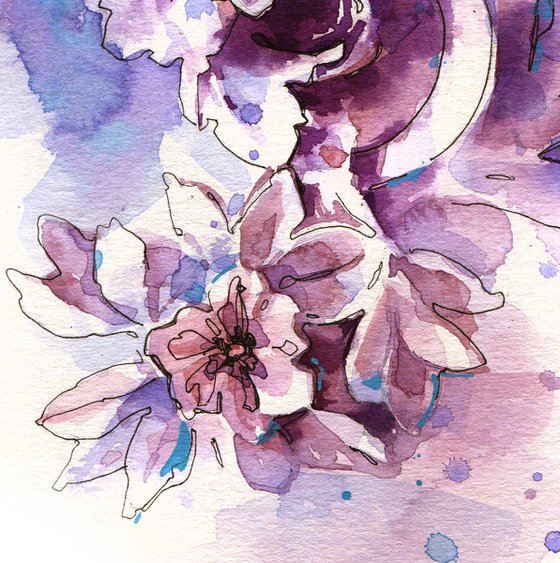 Sculpture flower and curls, watercolor sketch in purple violet tones