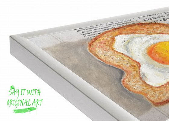 "Toast with Fried Egg on Newspaper" Original Oil on Wooden Board Painting 6 by 6 inches (15x15 cm)