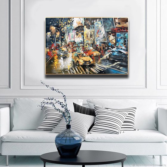 Colorful Night Street - Cityscape Night Lights Painting, Painting of urban streets in rainy days, Modern Urban Living Room Wall Decor, Cityscape art
