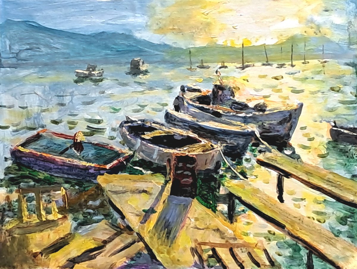  Boats With Evening Light By Dimitris Voyiazoglou, 20 X 17, Artwork For Sale On Artfinder