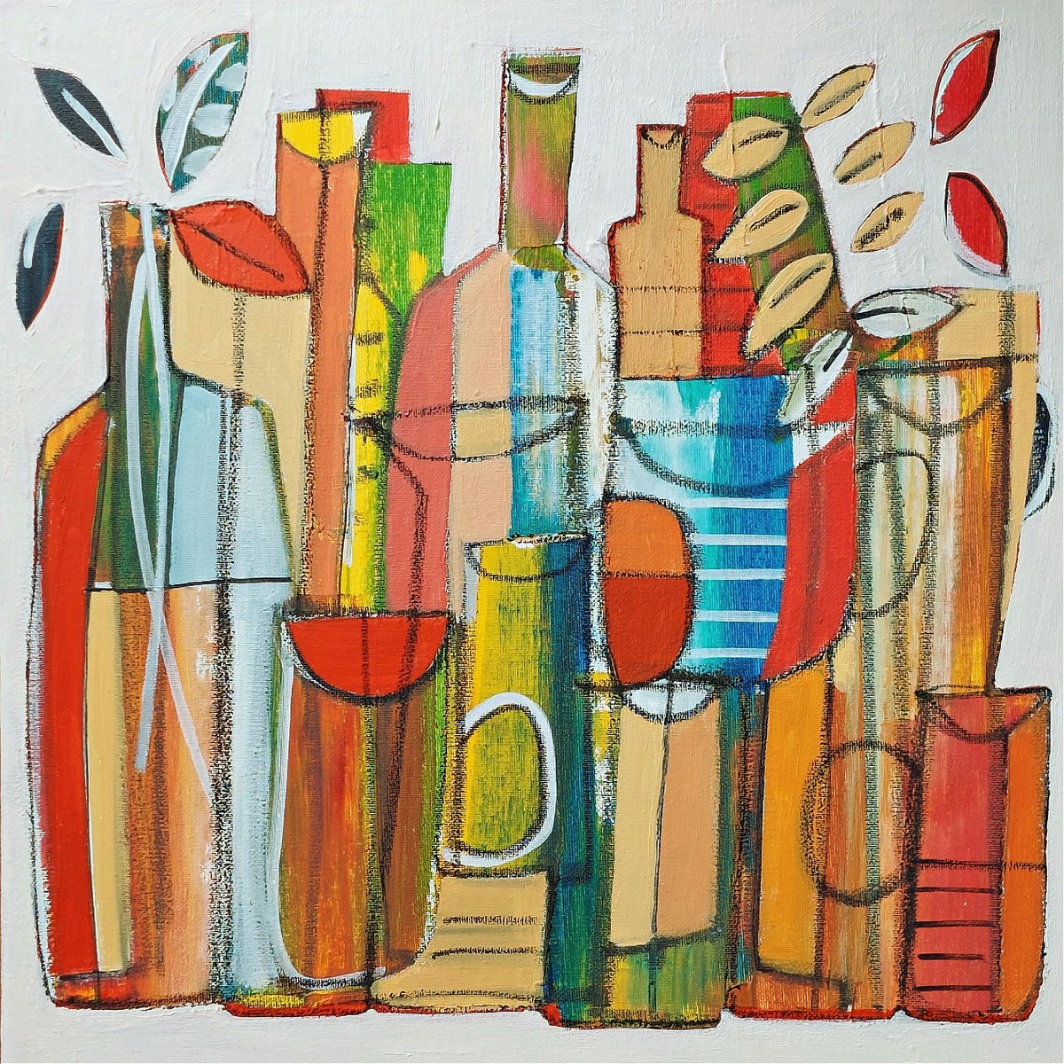 Abstract Still Life Acrylic Painting By Jan Rippingham, 16 X 16, Still Life With Bottles Iv, Original Artwork