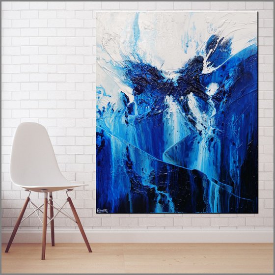 Blueberry Falls 120cm x 150cm Blue White Textured Abstract Art