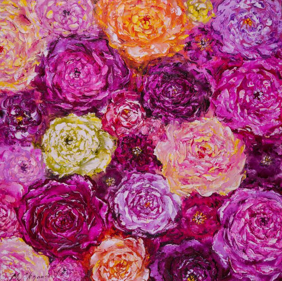 PEONY PARADISE - Multi-colored peonies. Floral abstraction. Purple peonies. Juicy colors. Terry. Refined. Meadow.