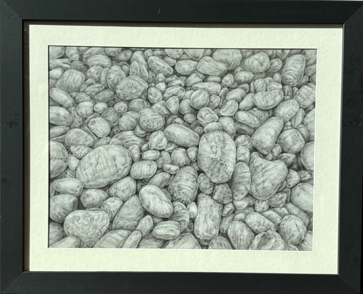 Photorealistic Landscape Pencil Drawing By Sun-Hee Jung, 21 X 17", Beach Stones, Original Artwork