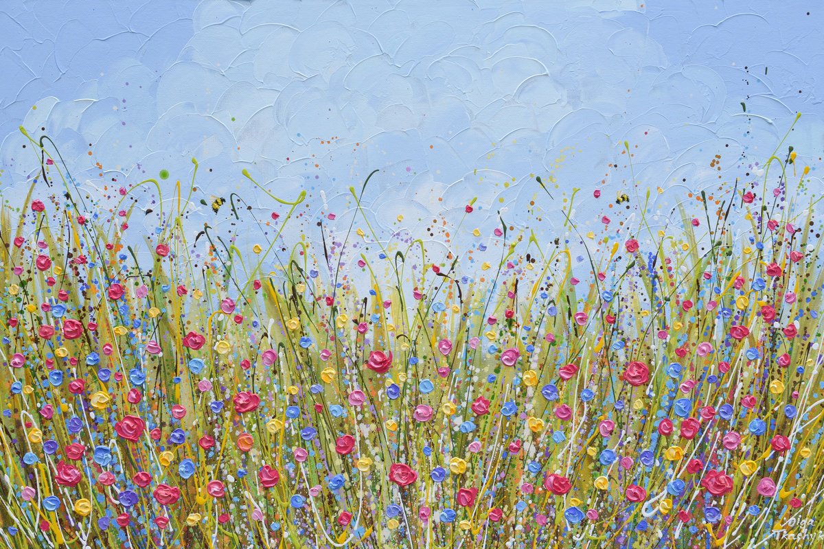 Abstract Botanical Acrylic Painting By Olga Tkachyk, 36 X 24", Colorful Flower Meadow, Original Artwork