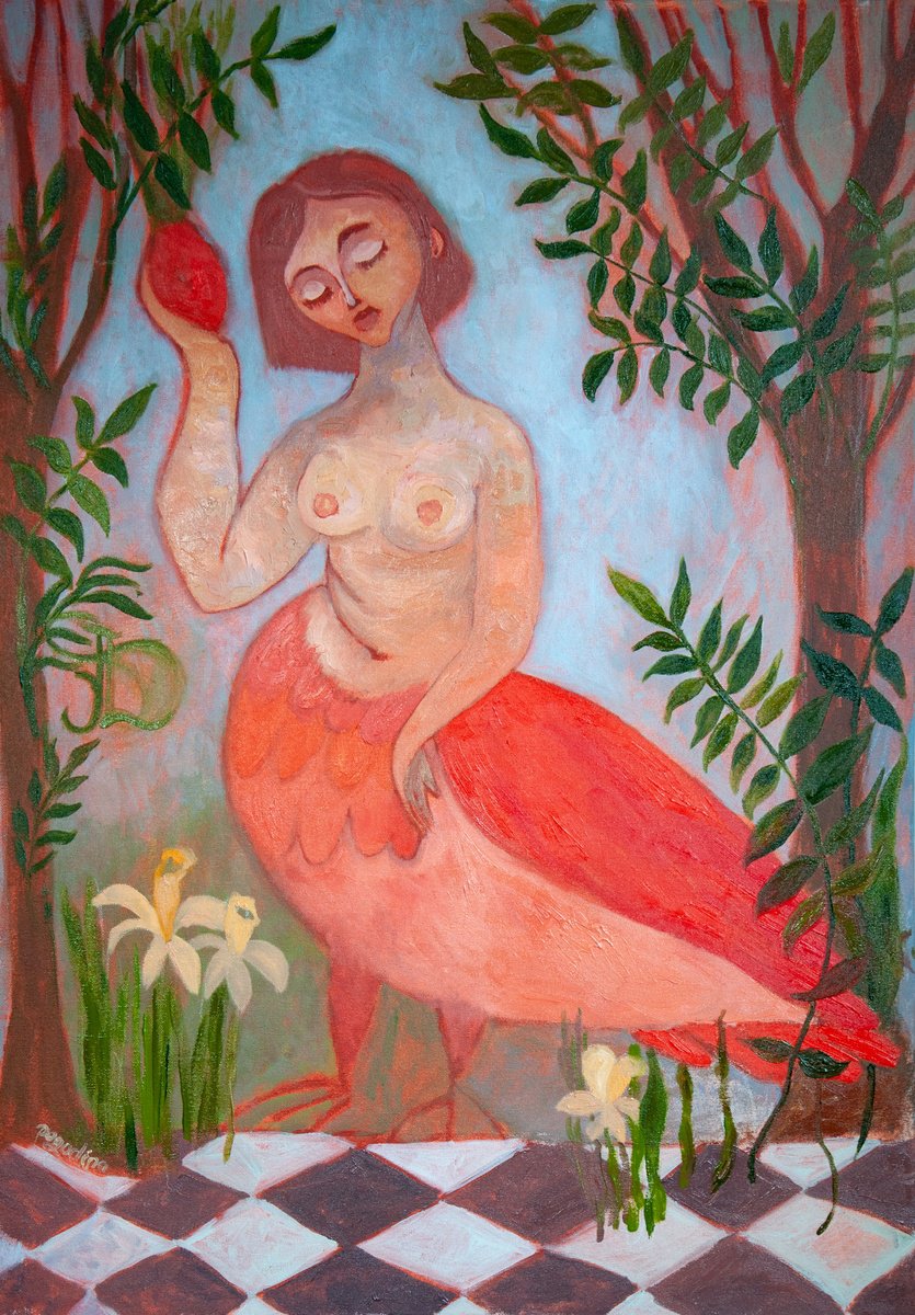 Sirens Art Modern Woman Nude, Bird Woman, canvas, oil - Garden guards 63x90 cm by Dasha Pogodina