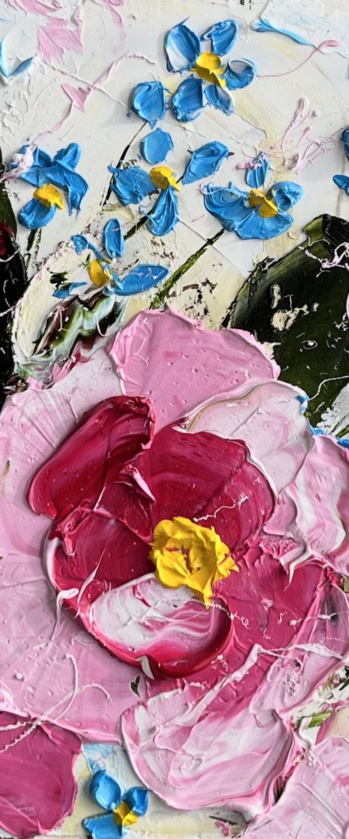 Peony Painting Forget me Nots Original Art Flowers Oil Impasto Floral Artwork Small Home Wall Art 6 by 6" by Halyna Kirichenko by Halyna Kirichenko