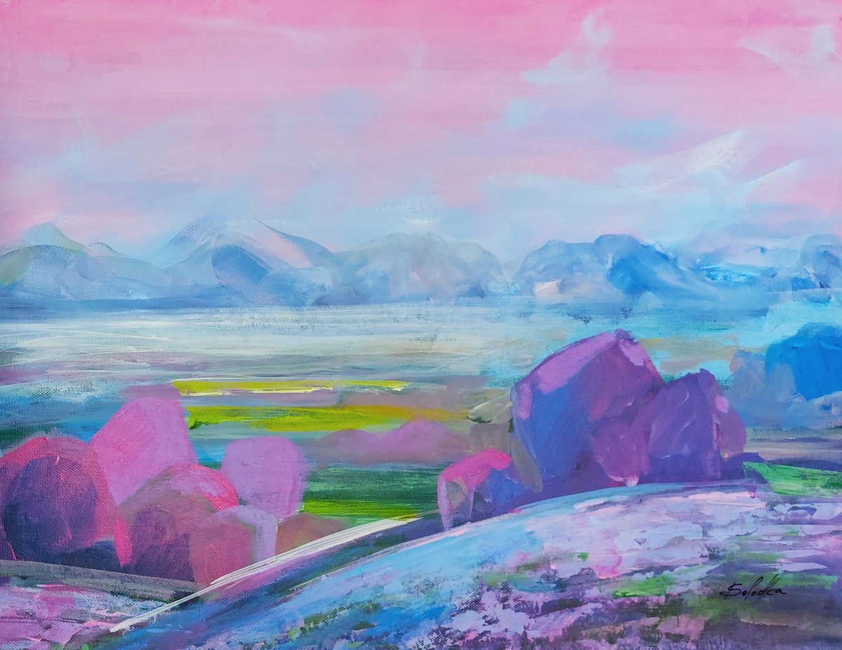 Impressionistic Landscape Acrylic Painting By Katia Solodka, 20 X 16", Dreamy Horizons, Original Artwork