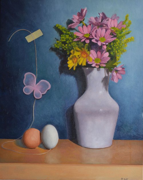 "rebirth" flowers butterfly and eggs still life by Paola Alì
