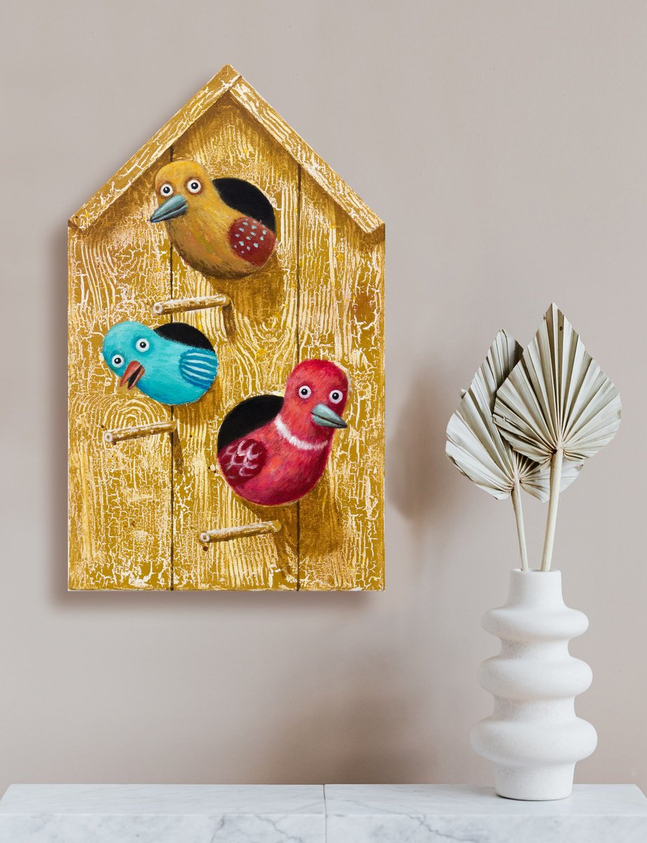 Naive Animal Acrylic Painting By Oleksandr Korol, 12 X 20", Birdhouse #8, Original Artwork