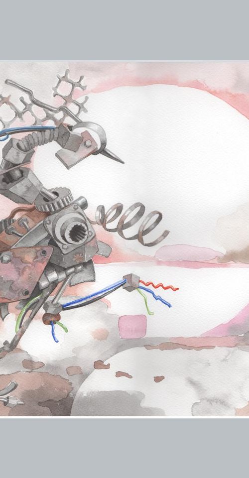 Watercolor mechanical crane - gray and pink 30x40 cm by Jolanta Czarnecka