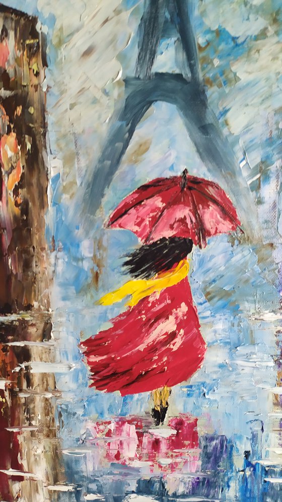 Walking in the rain, original girl umbrella Paris oil painting, gift idea