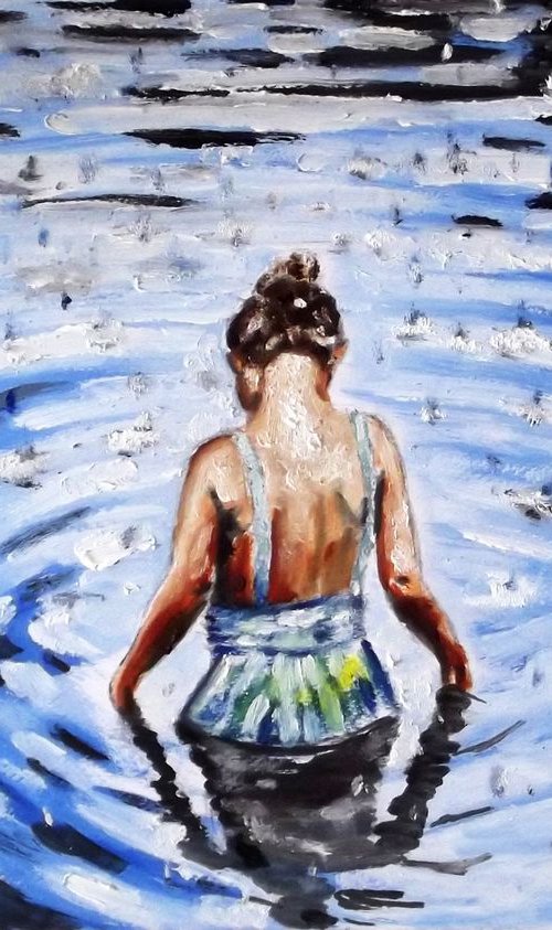 RAINY LAKE GIRL - Childhood Remembrance - Thick oil painting - 42x29.5cm by Wadih Maalouf