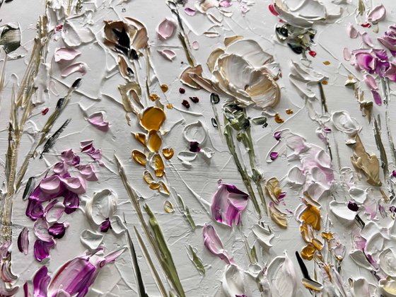 White Roses - 3D Textured Flower Painting Abstract Beige White Pink Purple Flower Painting Decor Living Room Decor Texture Acrylic Painting