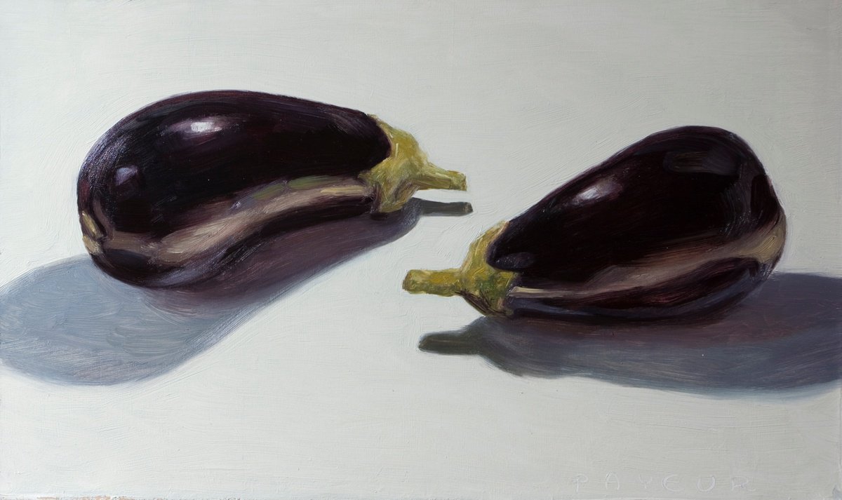 Impressionistic Still Life Oil Painting By Olivier Payeur, 16 X 9", Two Eggplants On White, Original Artwork