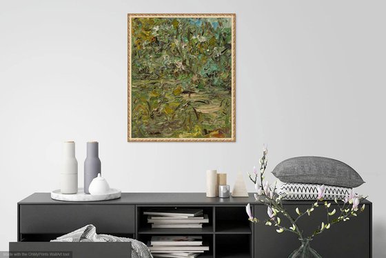 POND, FLOWERING JASMINE - original abstract landscape painting, oil on canvas, expressive green, summer grass water nature, home decor 60x50