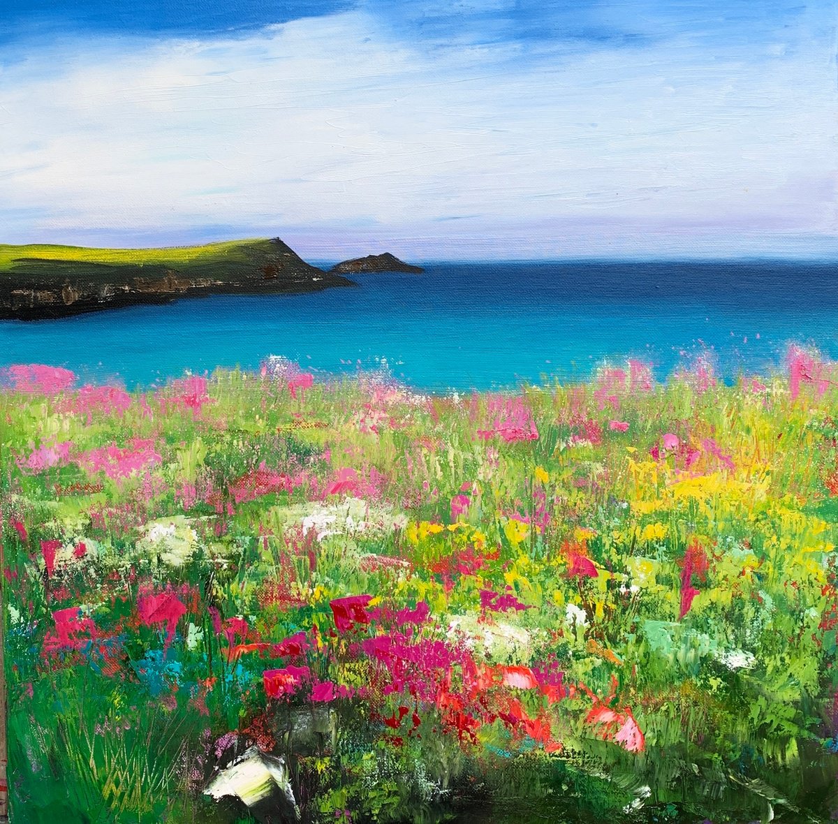 Impressionistic Landscape Oil Painting By Laure Bury, 20 X 20", Wild Flowers At Polly Joke Ii, Original Artwork