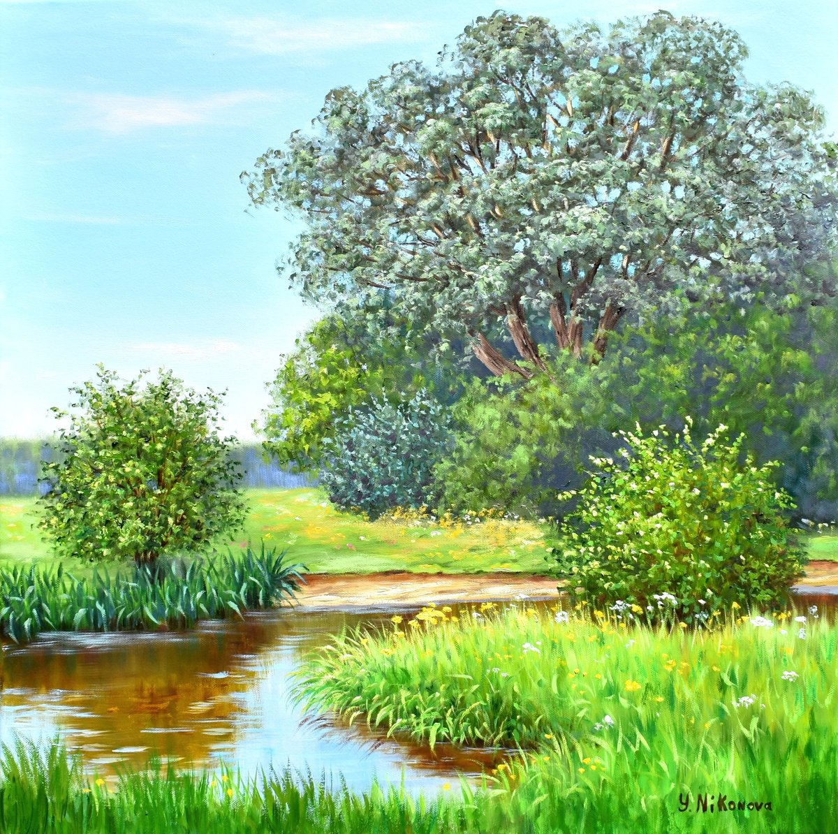 Impressionistic Landscape Oil Painting By Yulia Nikonova, 24 X 24", Careless July, Original Artwork