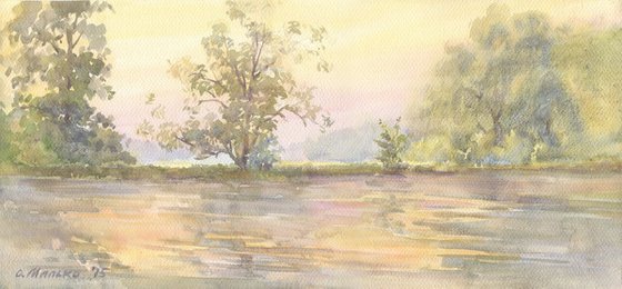 Pond at dawn / Original picture Summer landscape Morning painting Plein air watercolour