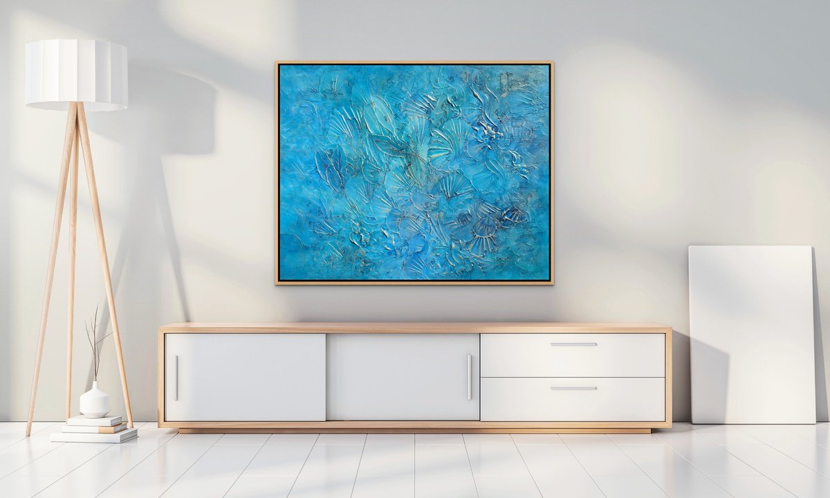 TROPICAL VIBES. Abstract Blue, Teal, Turquoise, Gold Textured Coastal Large Painting by Sveta Osborne