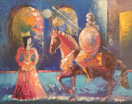 The knight and the queen (40x50cm, oil/canvas, abstract portrait) by Hayk Miqayelyan