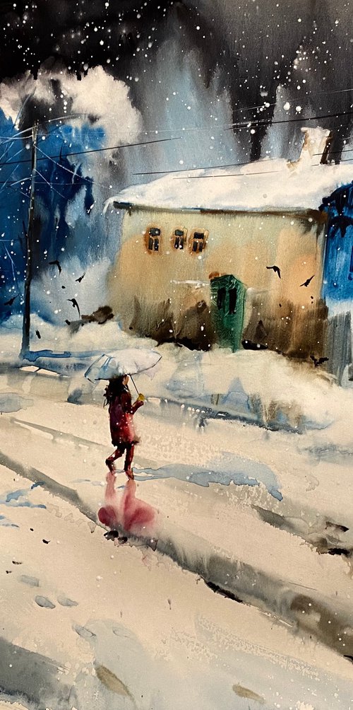 Watercolor “Snow time” perfect gift by Iulia Carchelan