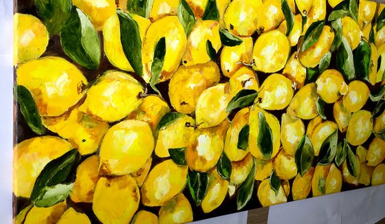 Lemons, oil painting, still life. Palette knife painting on canvas. Size 112x56 cm.