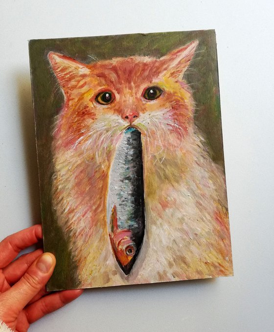 "A Cat with a Fish" Original Oil Painting on Cardboard 7x9.5" (18x24cm)