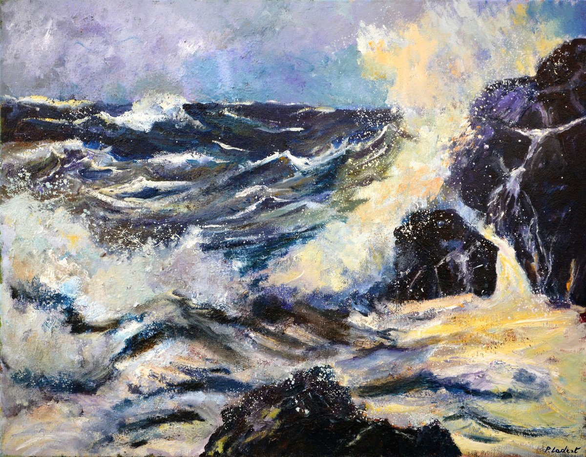 Abstract Landscape Oil Painting By Pol Henry Ledent, 35 X 28", Seascape 97, Original Artwork